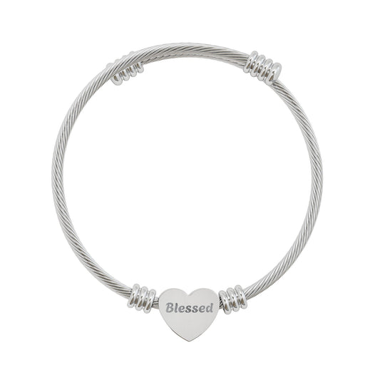 Engraved Heart Cuff Bracelet – 'Blessed' Stainless Steel Cable Bangle