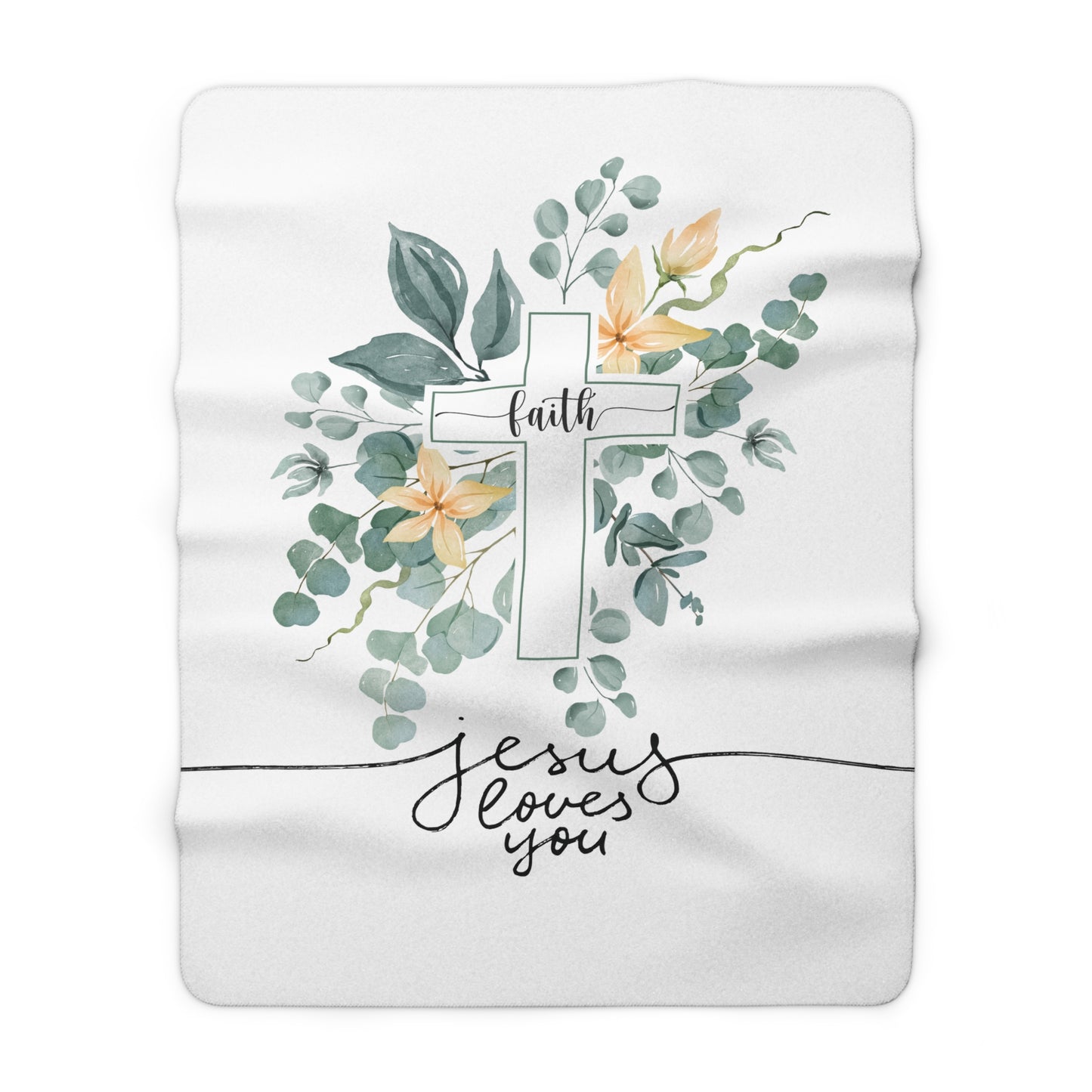 Faith Cross Sherpa Blanket – "Jesus Loves You" Floral Christian Throw