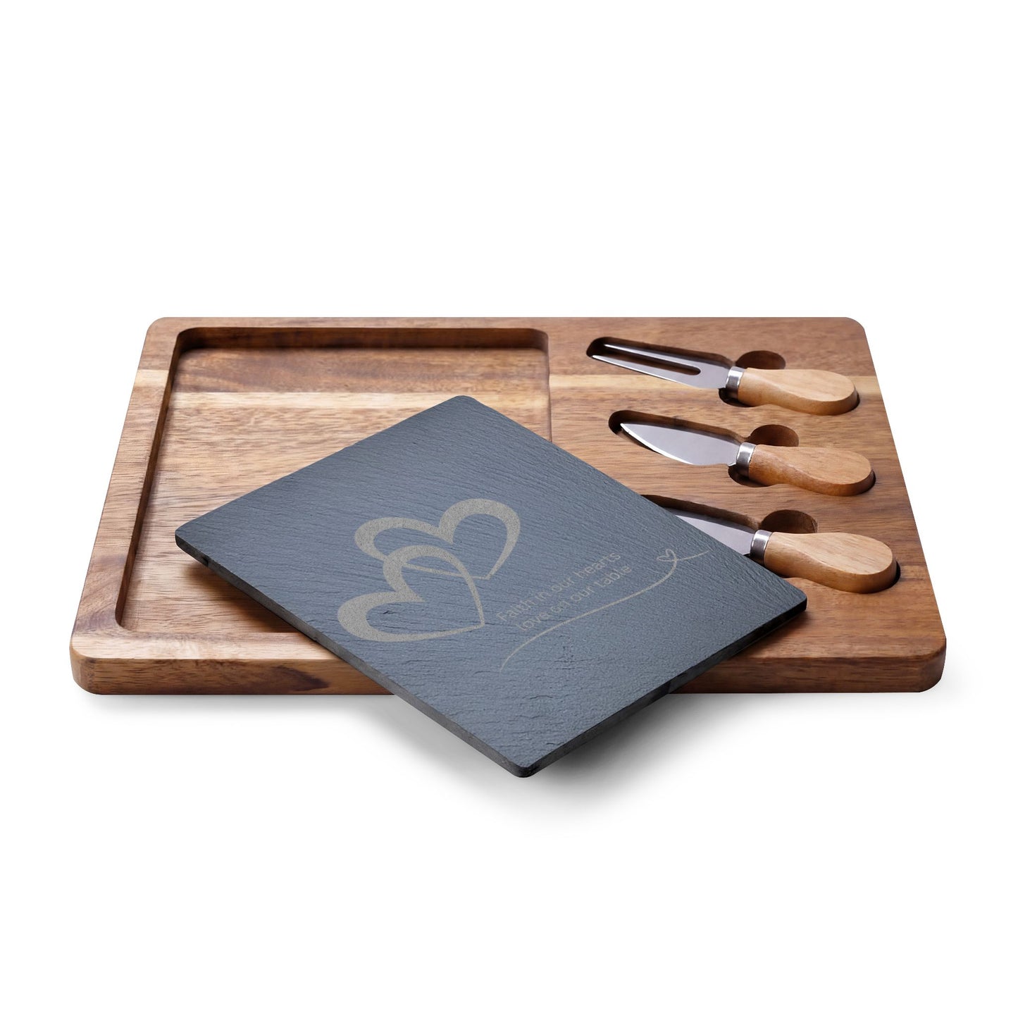 Engraved Acacia Charcuterie Board with Slate Insert — 'Faith in Our Hearts, Love on Our Table'