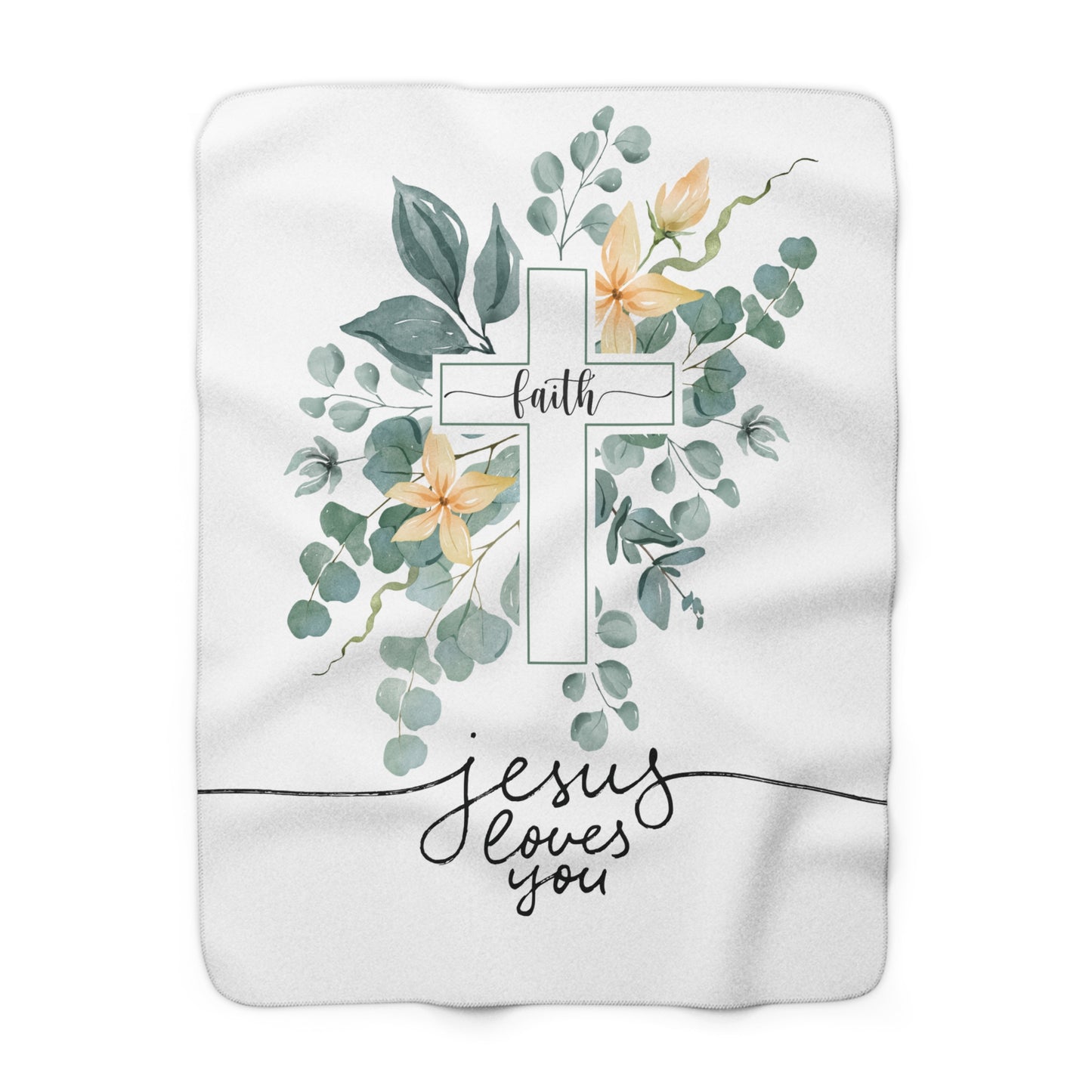 Faith Cross Sherpa Blanket – "Jesus Loves You" Floral Christian Throw
