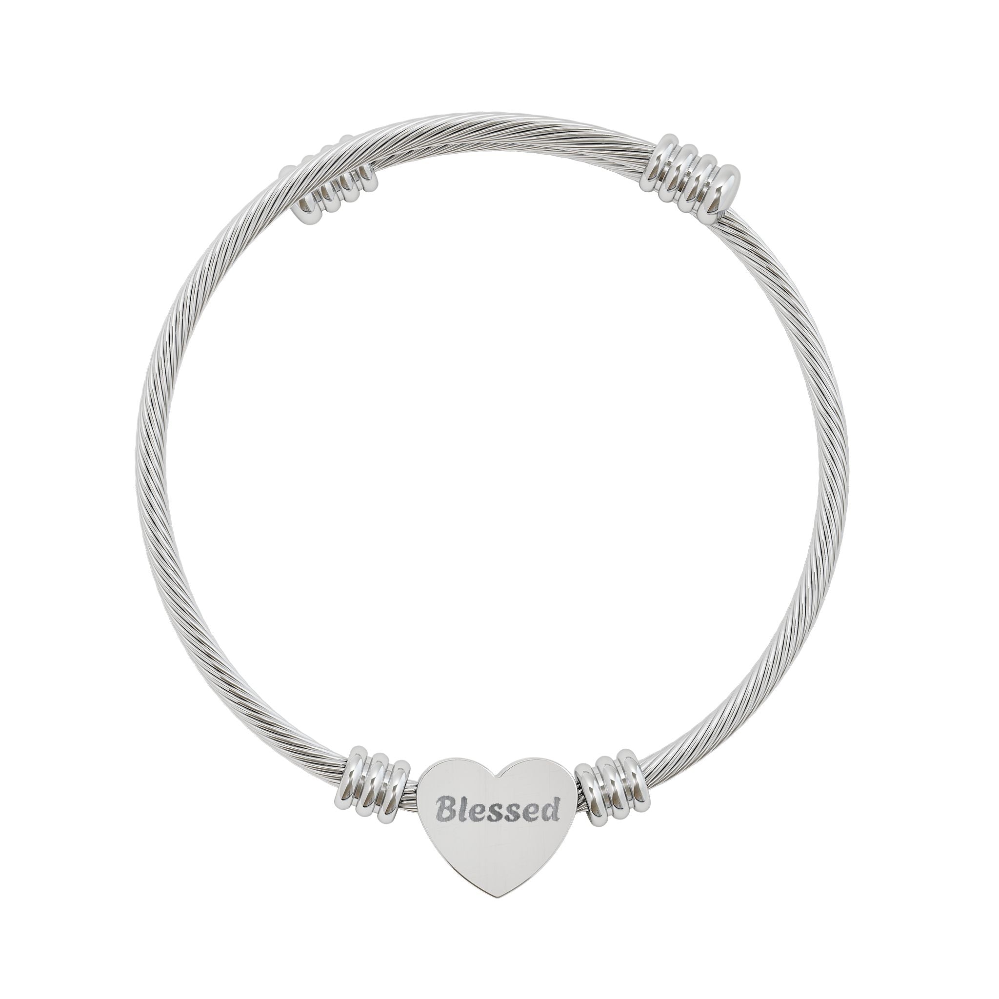 Engraved Heart Cuff Bracelet – 'Blessed' Stainless Steel Cable Bangle