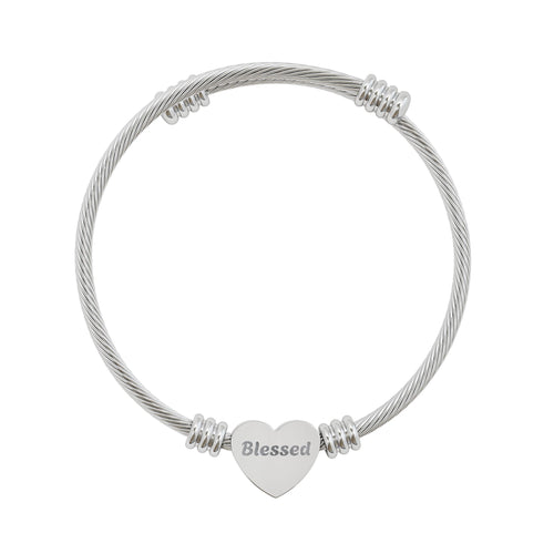 Engraved Heart Cuff Bracelet – 'Blessed' Stainless Steel Cable Bangle