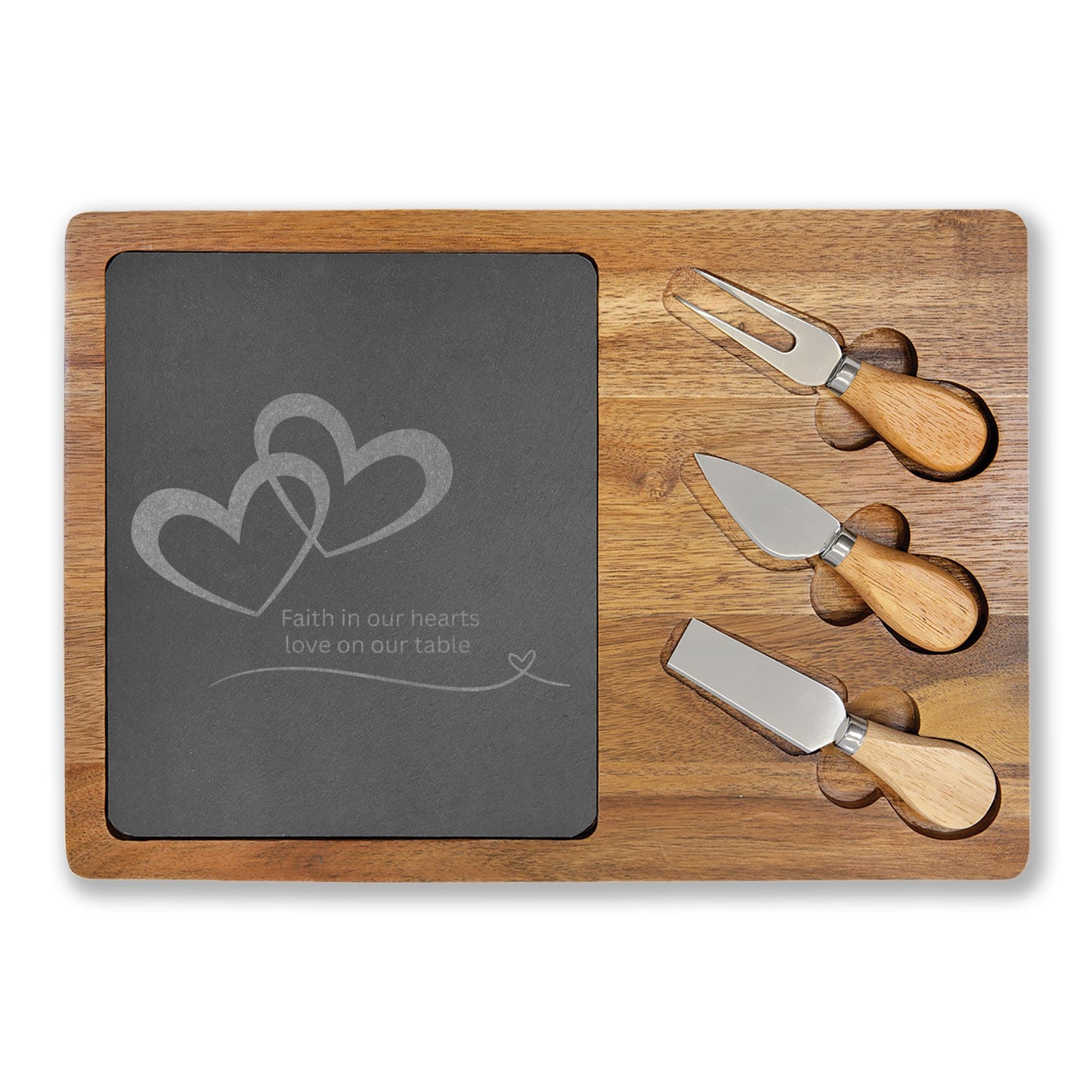 Engraved Acacia Charcuterie Board with Slate Insert — 'Faith in Our Hearts, Love on Our Table'