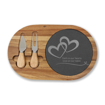 Engraved Acacia Charcuterie Board with Slate Insert — 'Faith in Our Hearts, Love on Our Table'