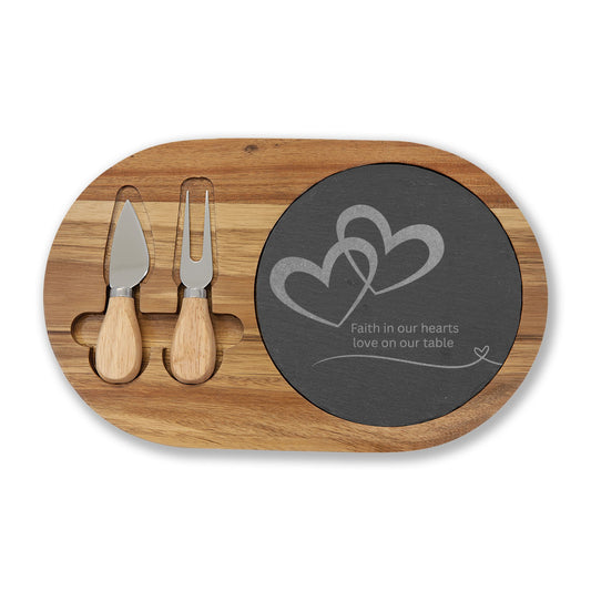 Engraved Acacia Charcuterie Board with Slate Insert — 'Faith in Our Hearts, Love on Our Table'