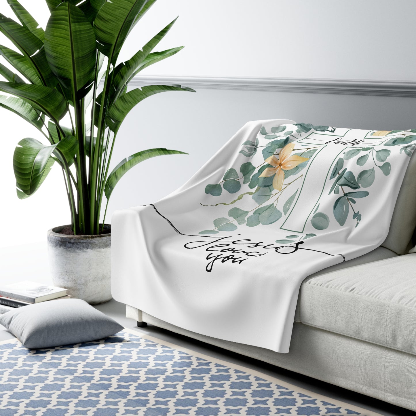 Faith Cross Sherpa Blanket – "Jesus Loves You" Floral Christian Throw