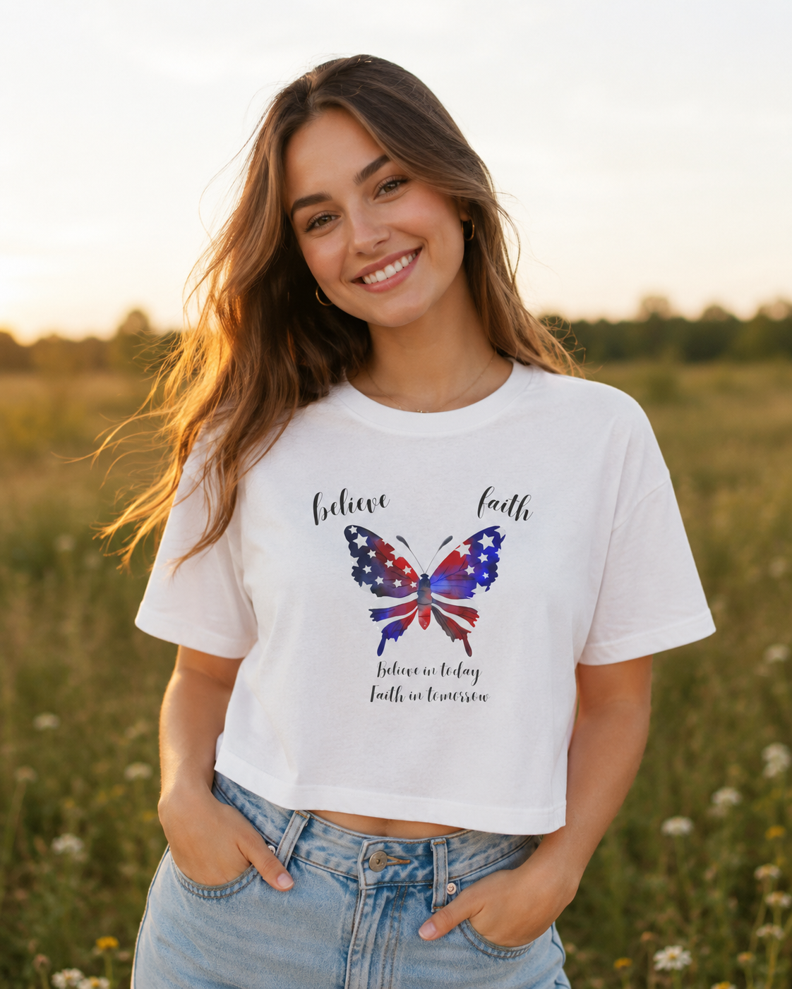 Festive Forth of July Butterfly Women's Crop Tee