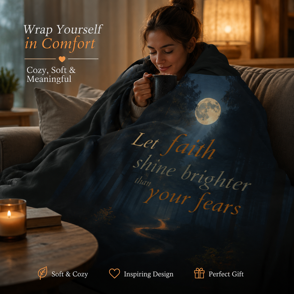 Velveteen Plush Blanket - "Let Faith Shine Brighter Than Your Fears" Moonlit Forest Inspirational Throw