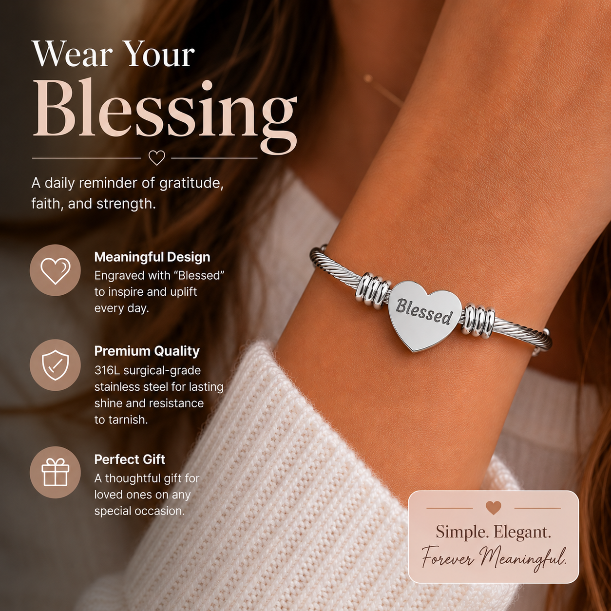 Engraved Heart Cuff Bracelet – 'Blessed' Stainless Steel Cable Bangle