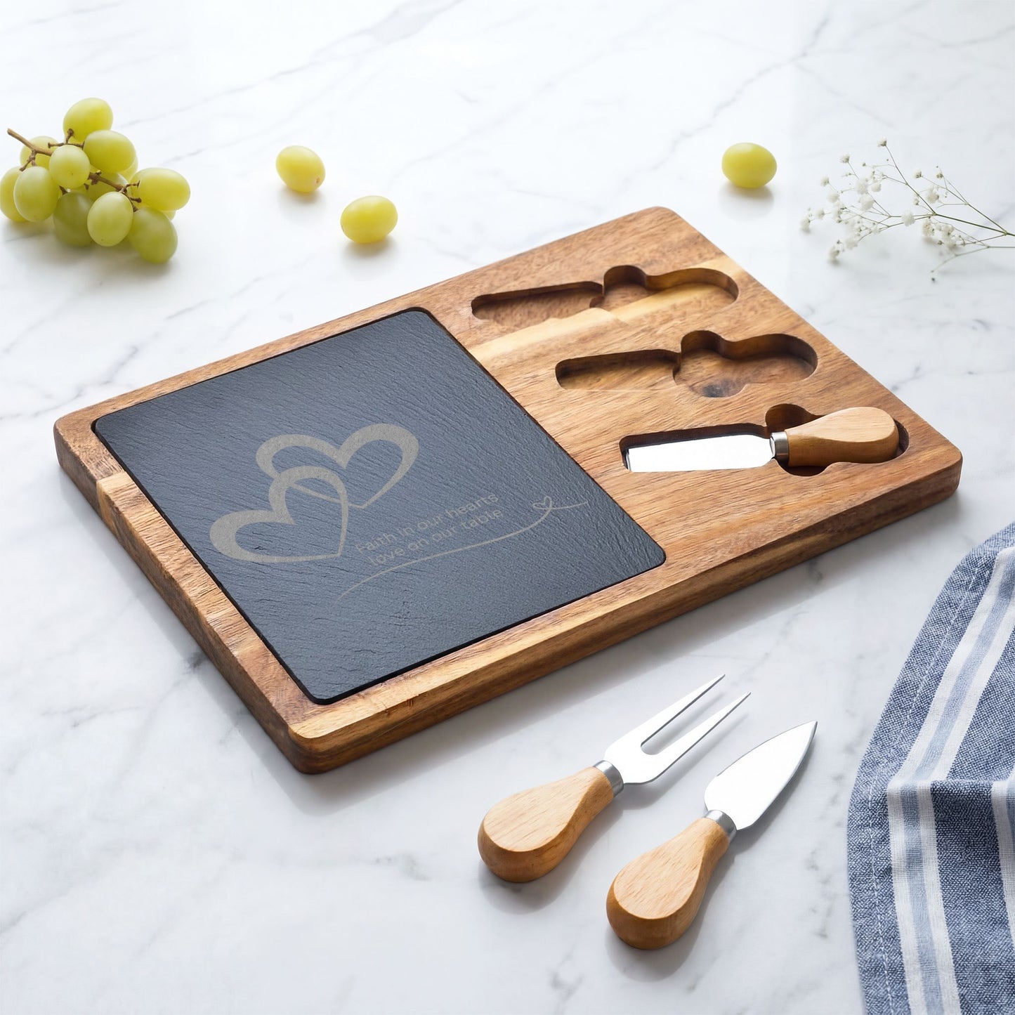 Engraved Acacia Charcuterie Board with Slate Insert — 'Faith in Our Hearts, Love on Our Table'