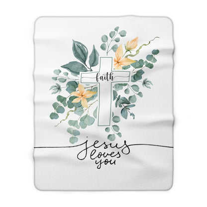 Faith Cross Sherpa Blanket – "Jesus Loves You" Floral Christian Throw