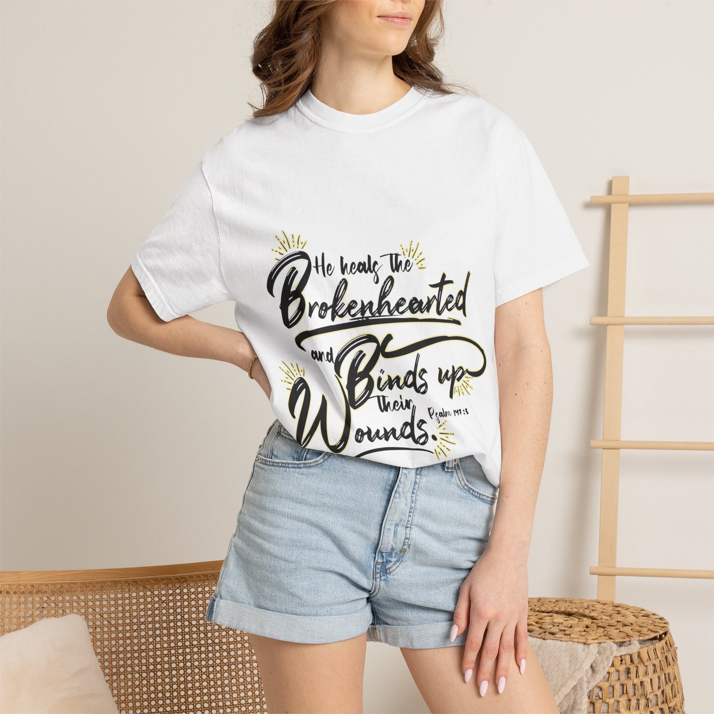 Christian Inspirational T-Shirt — “He Heals the Brokenhearted” Scripture Tee