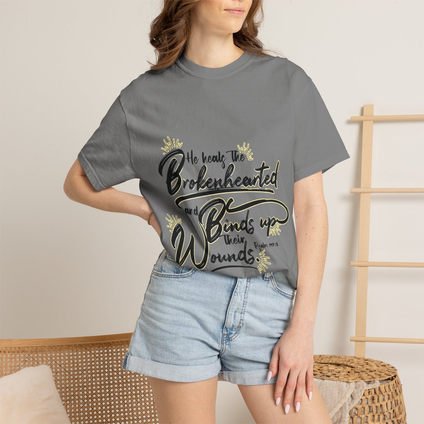 Christian Inspirational T-Shirt — “He Heals the Brokenhearted” Scripture Tee