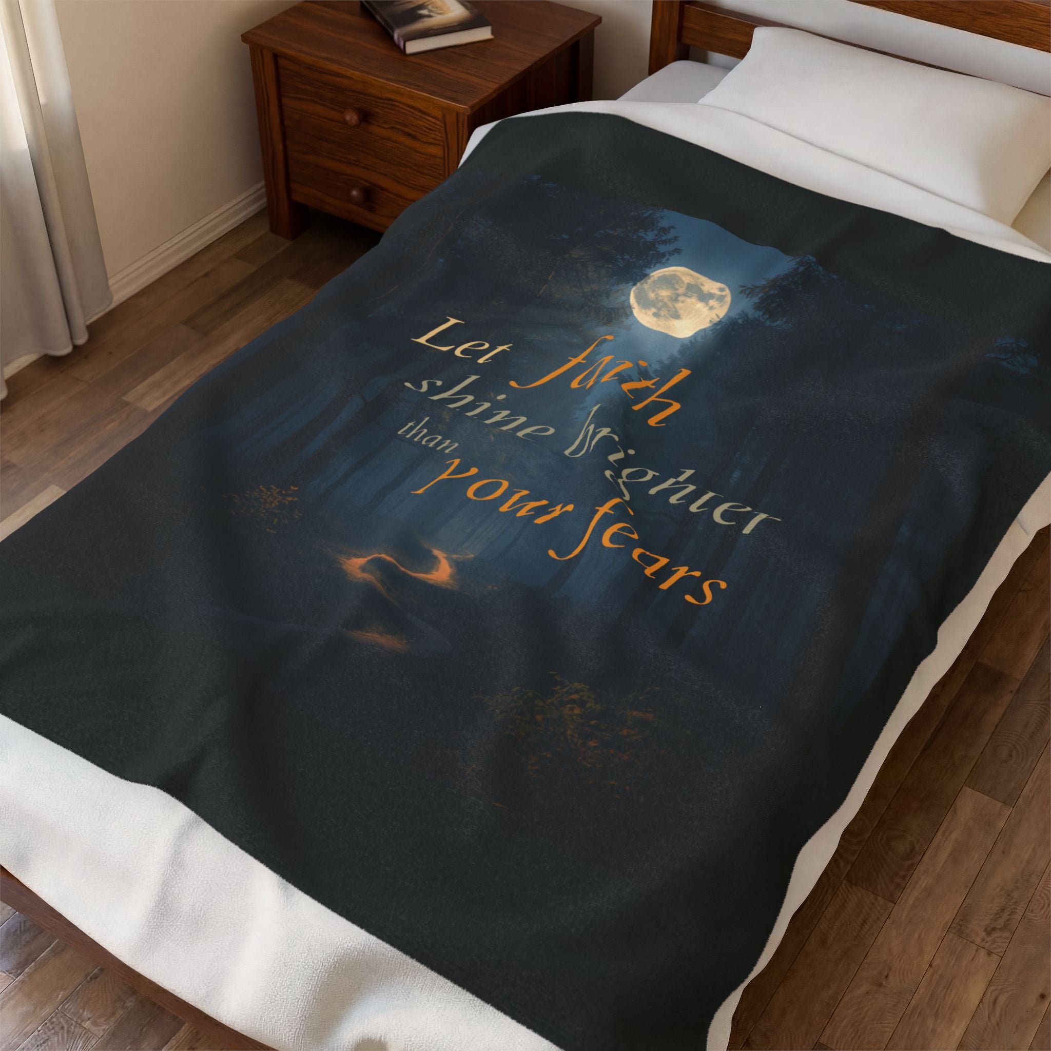 Velveteen Plush Blanket - "Let Faith Shine Brighter Than Your Fears" Moonlit Forest Inspirational Throw
