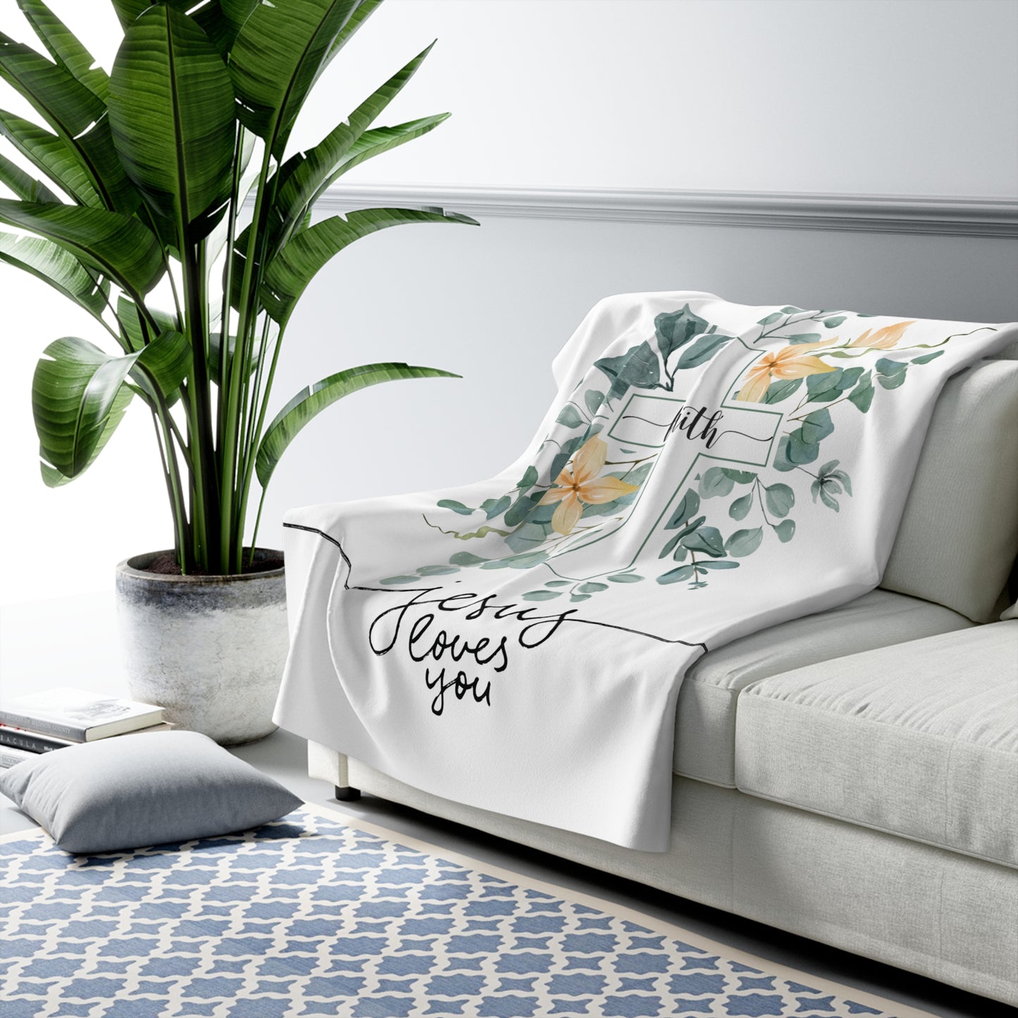 Faith Cross Sherpa Blanket – "Jesus Loves You" Floral Christian Throw