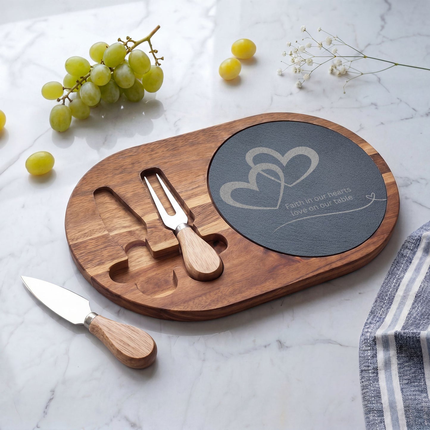 Engraved Acacia Charcuterie Board with Slate Insert — 'Faith in Our Hearts, Love on Our Table'