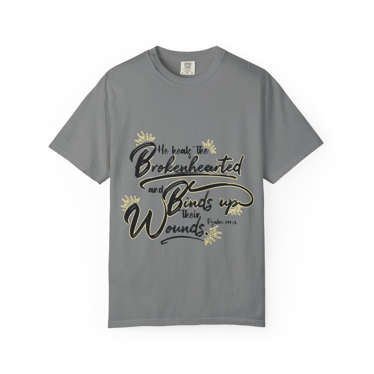 Christian Inspirational T-Shirt — “He Heals the Brokenhearted” Scripture Tee