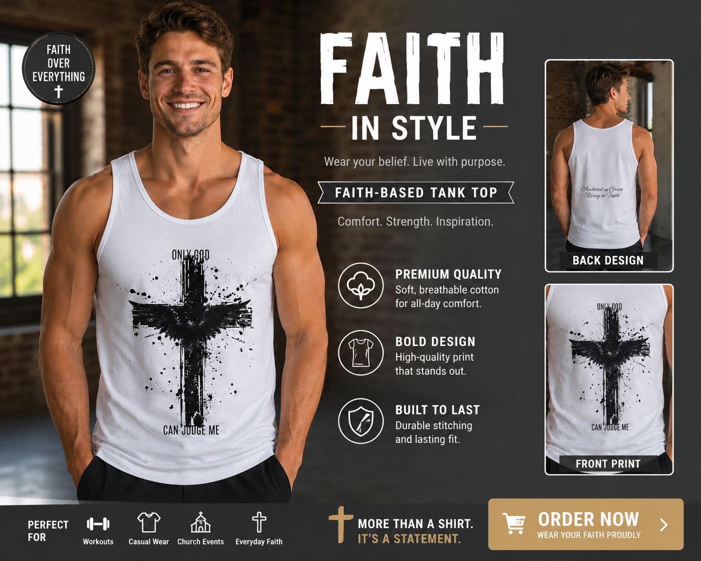 Cross Tank Top – "Only God Can Judge Me" Christian Graphic Tank